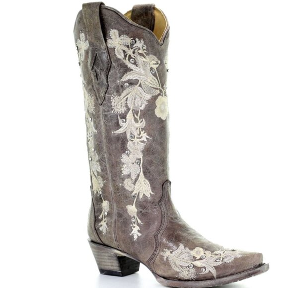 Corral Women's Crystals & Flower Embroidery Tobacco Western Boot Sz 9 - Picture 4 of 12